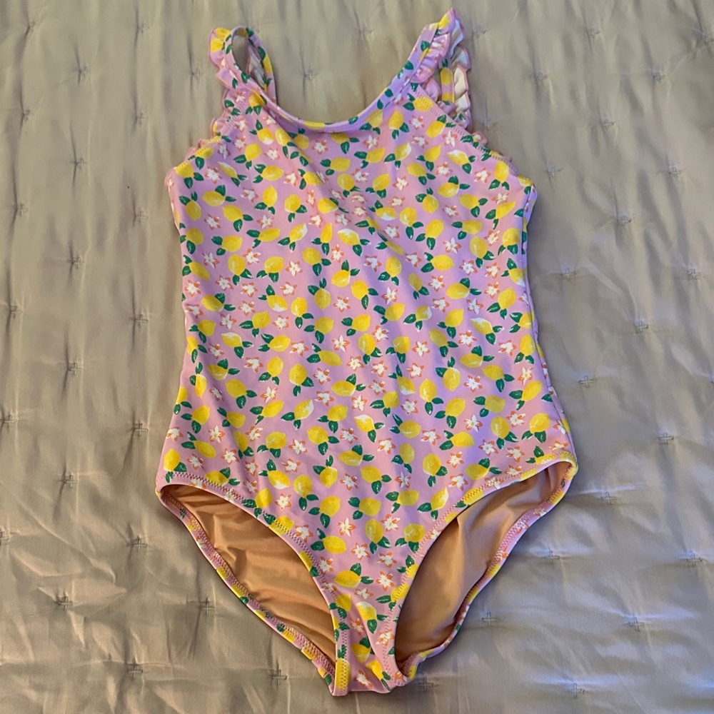 NWOT Crewcuts Kids One Piece Swimsuit - Pink with Lemon Print